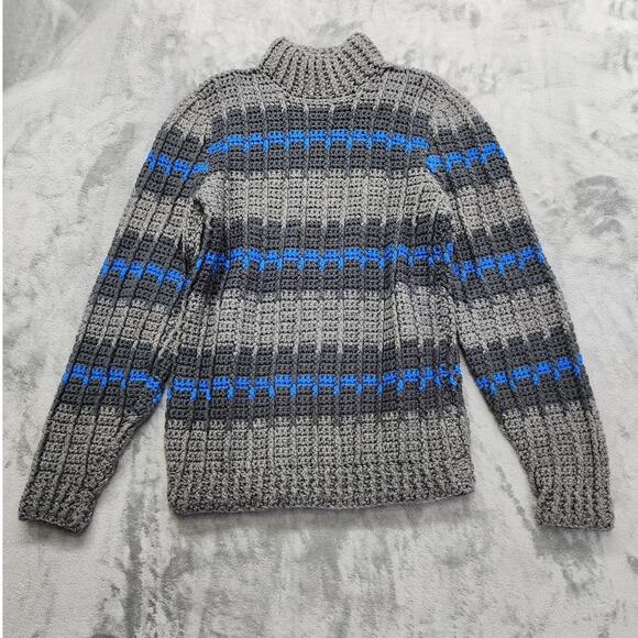 Vintage Hand Made Striped Mock Neck Pullover Sweater Size M Gray Blue Stretch - Picture 1 of 5